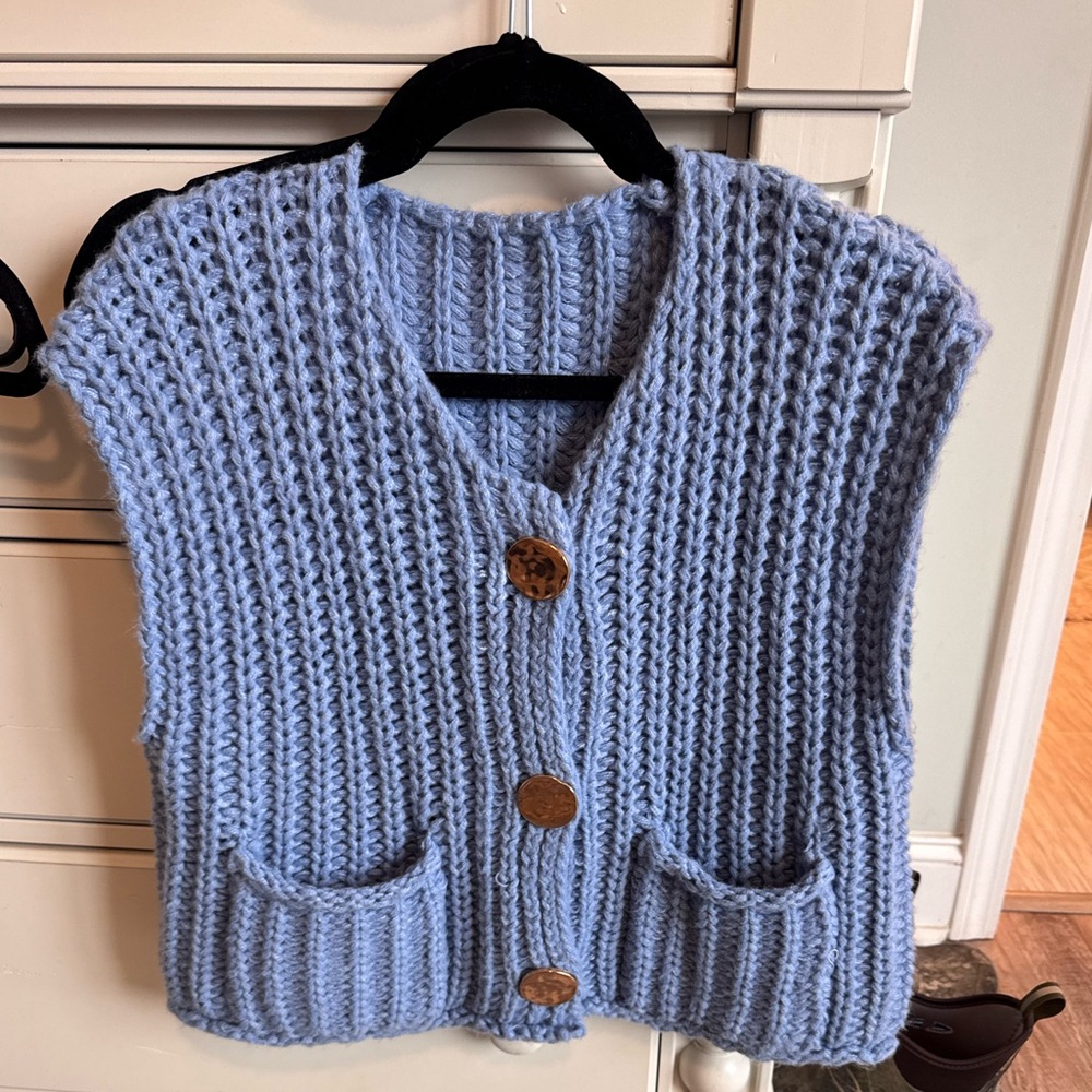 Amazon Light Blue Knit Vest with Wooden Buttons